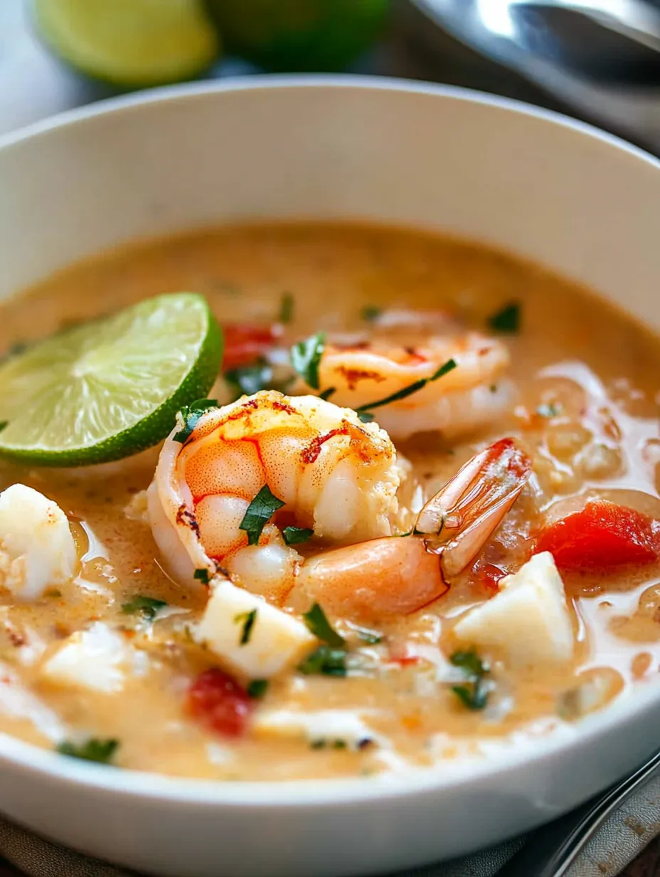 A bowl of soup with shrimp and lime.
