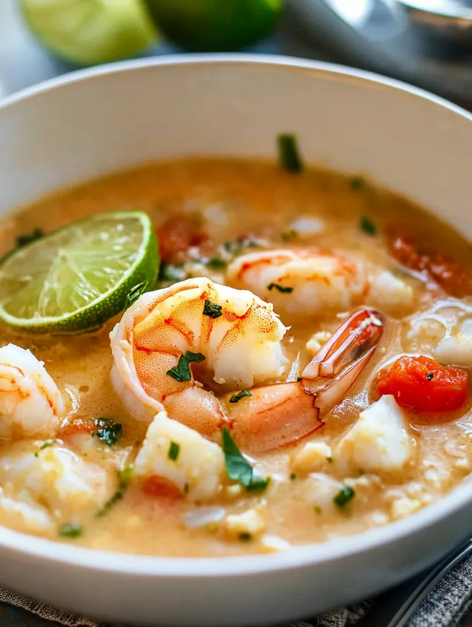 A bowl of soup with shrimp and lime.