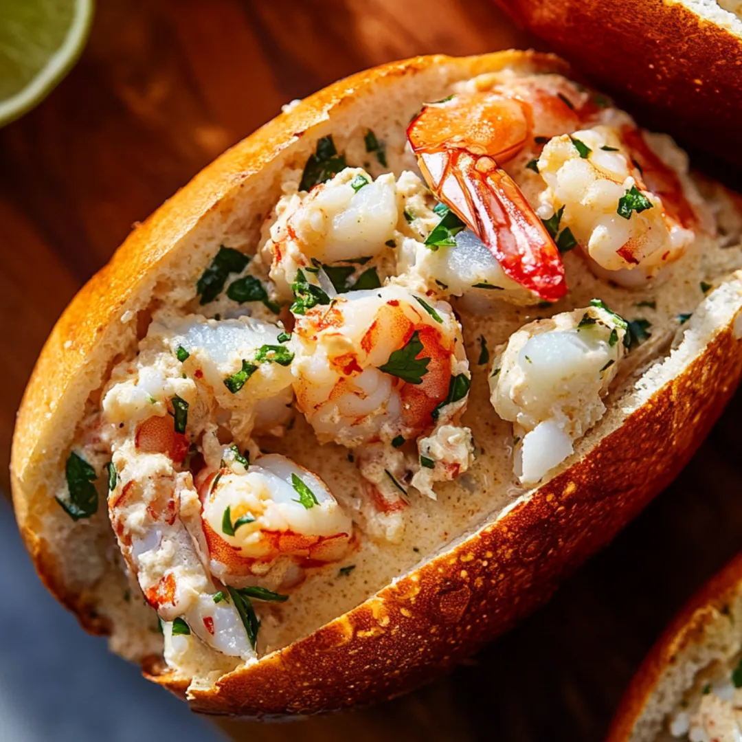 A sandwich with shrimp and crab meat.