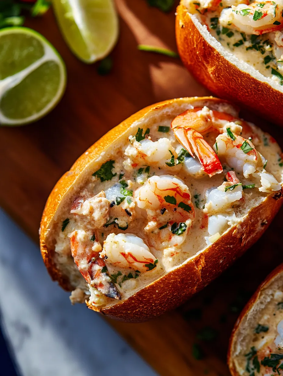 A sandwich with shrimp and crab meat on a wooden cutting board.