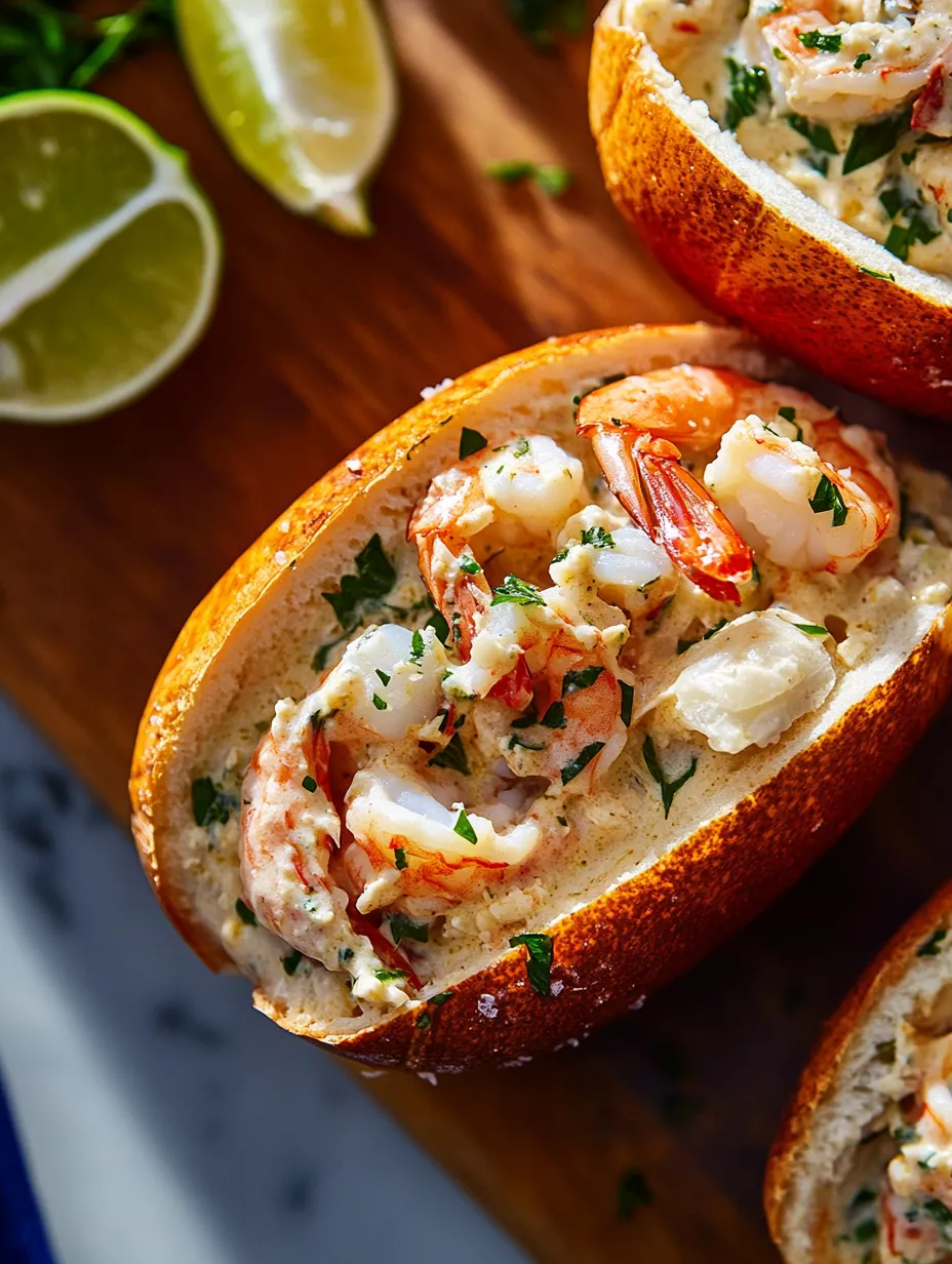 A sandwich with shrimp and crab meat on a wooden table.