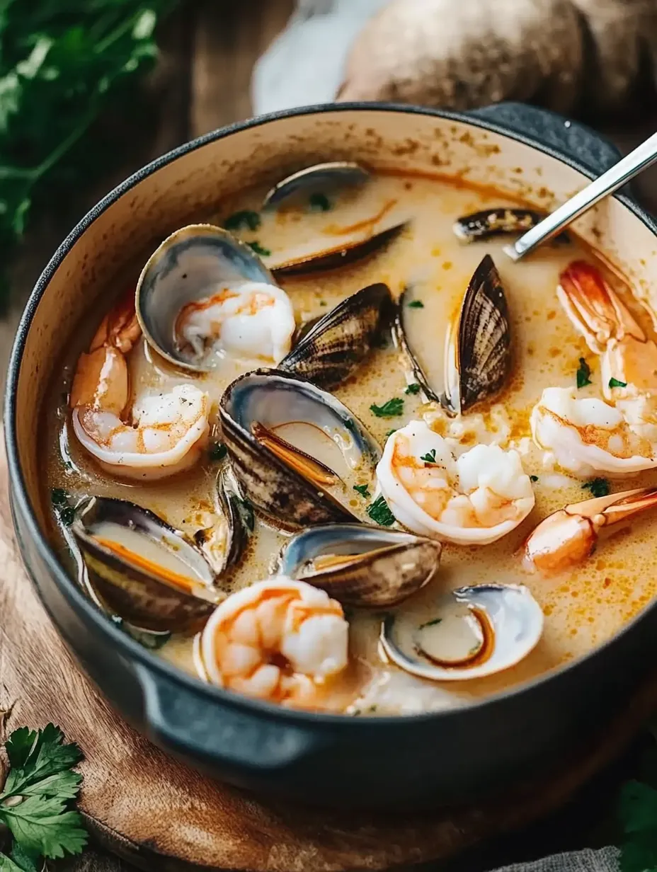 A bowl of soup with shrimp, clams, and mussels.