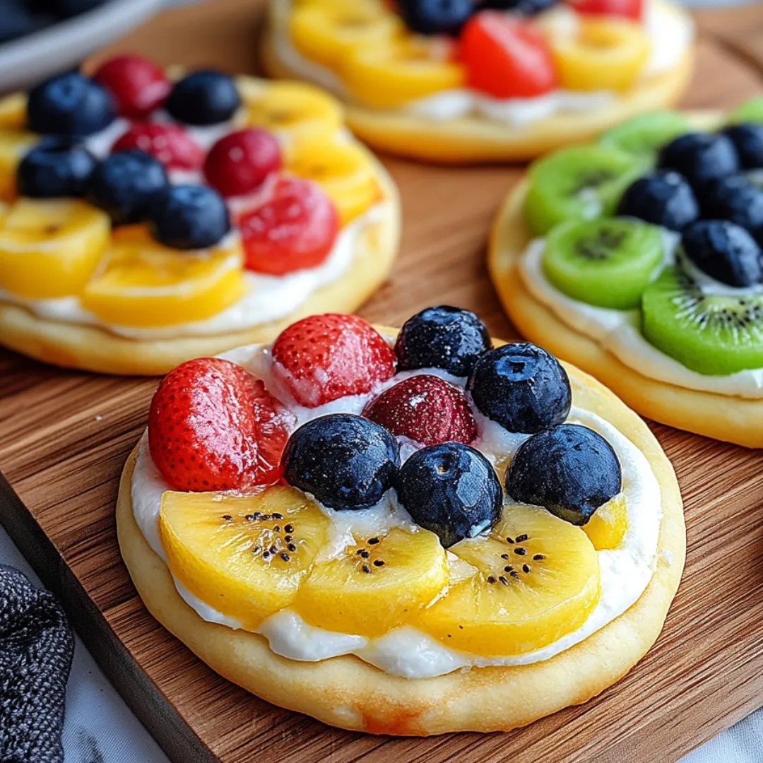 Colorful fruit-topped cookies arranged on a serving plate.