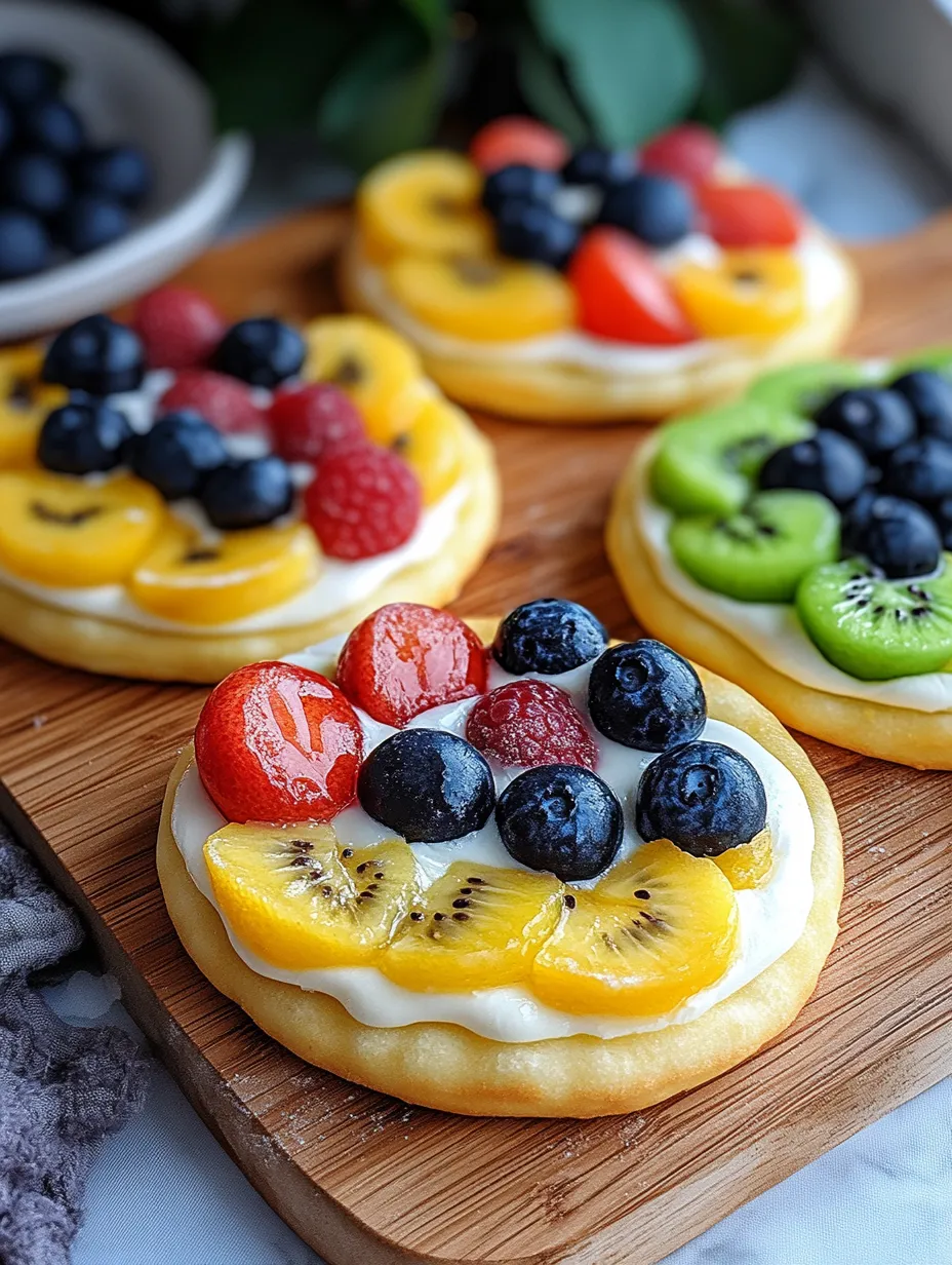 Fruit topped cookies on a wooden board.