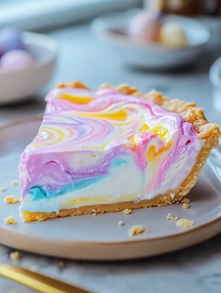A slice of pie with rainbow colors.