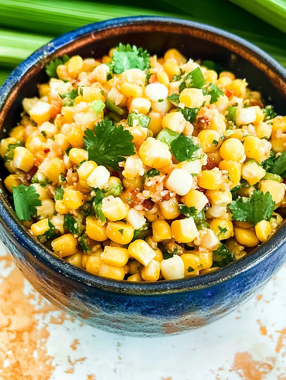 A bowl of corn with cilantro and chili.