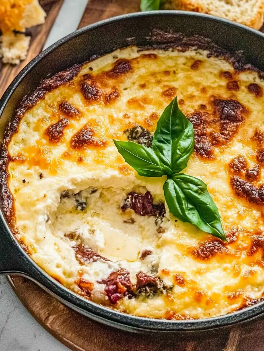 A close up of a casserole with a green leaf on top.