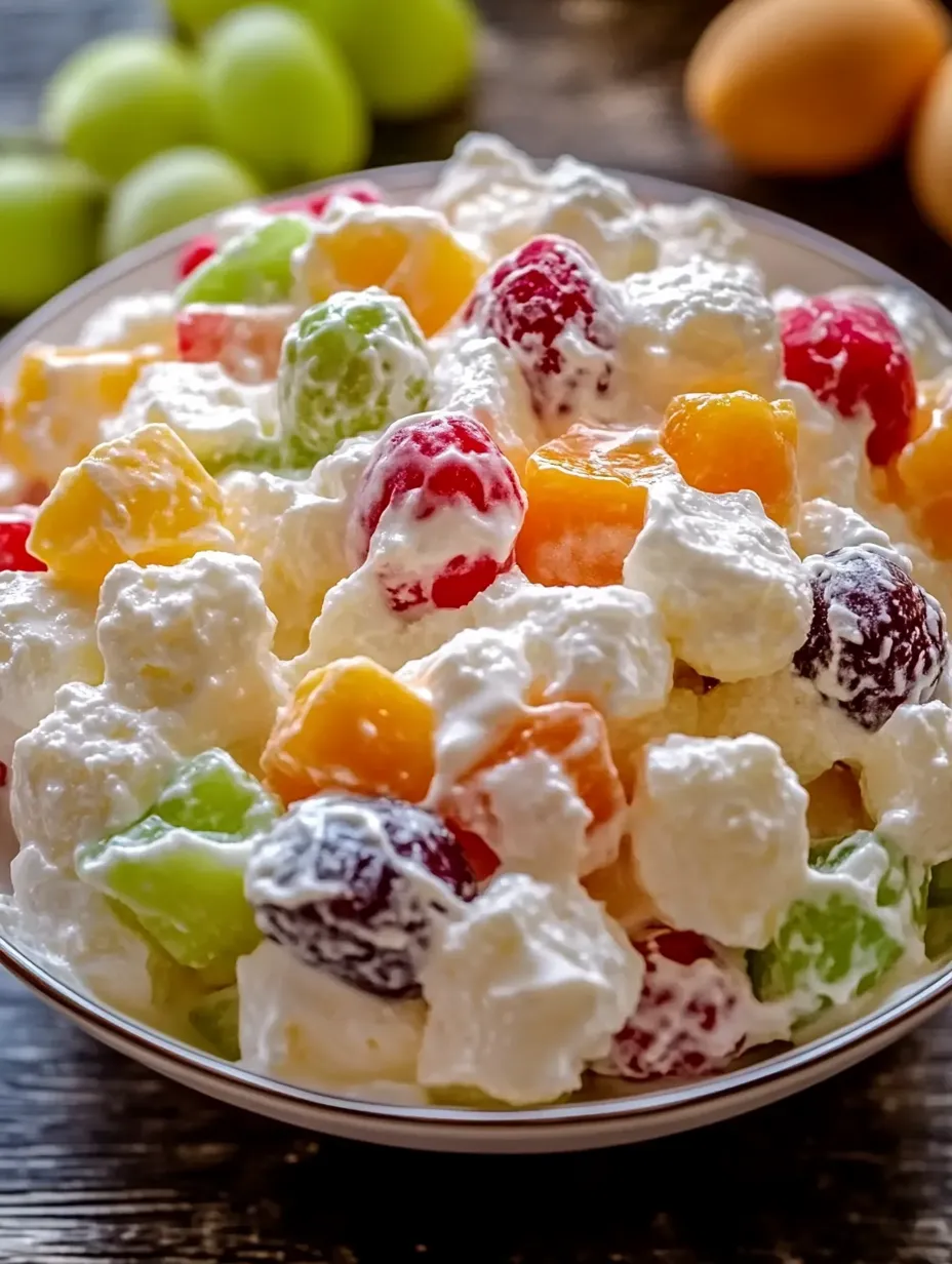 A bowl of fruit salad with a white sauce.