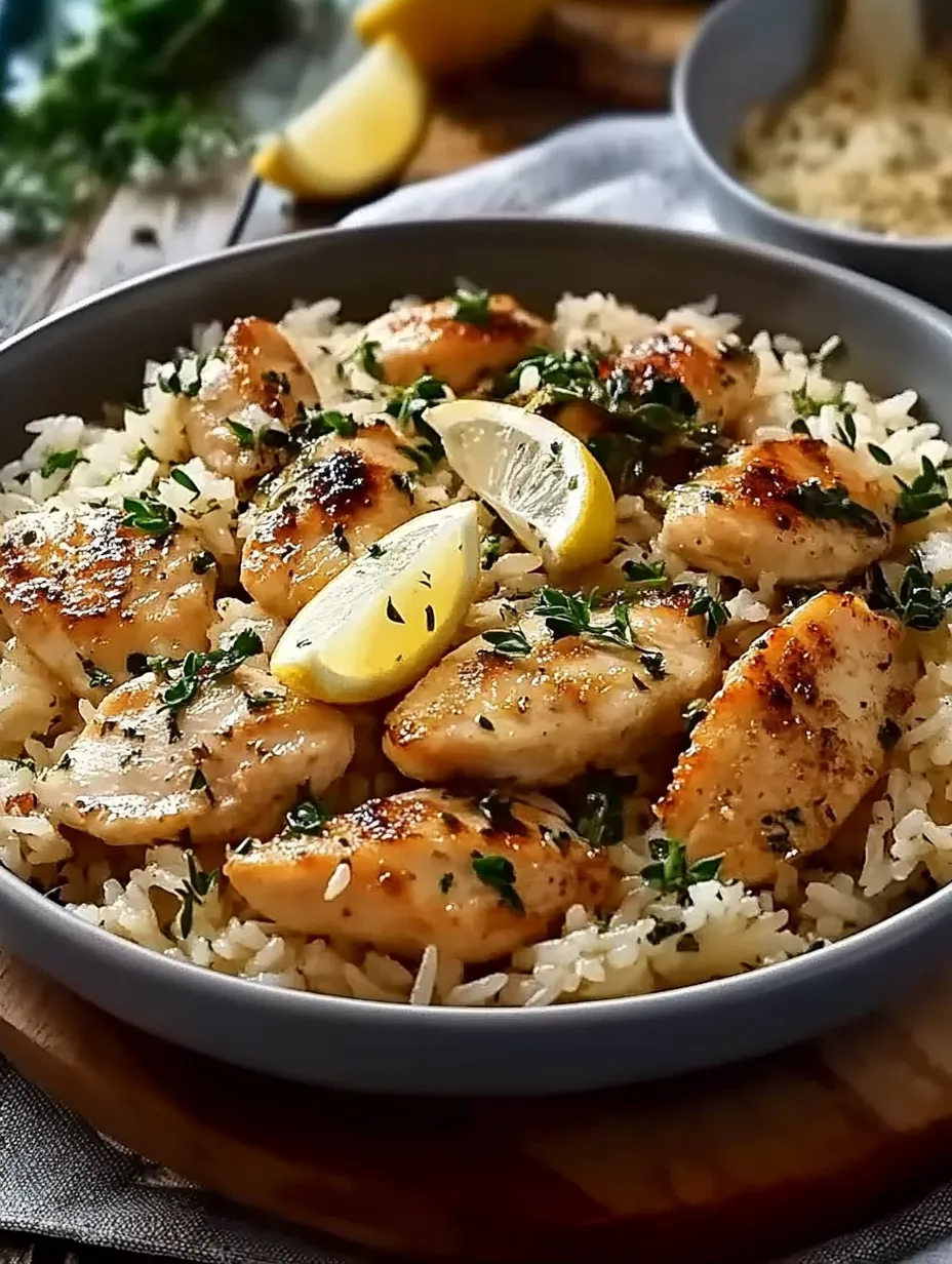 A plate of rice with chicken and lemon.