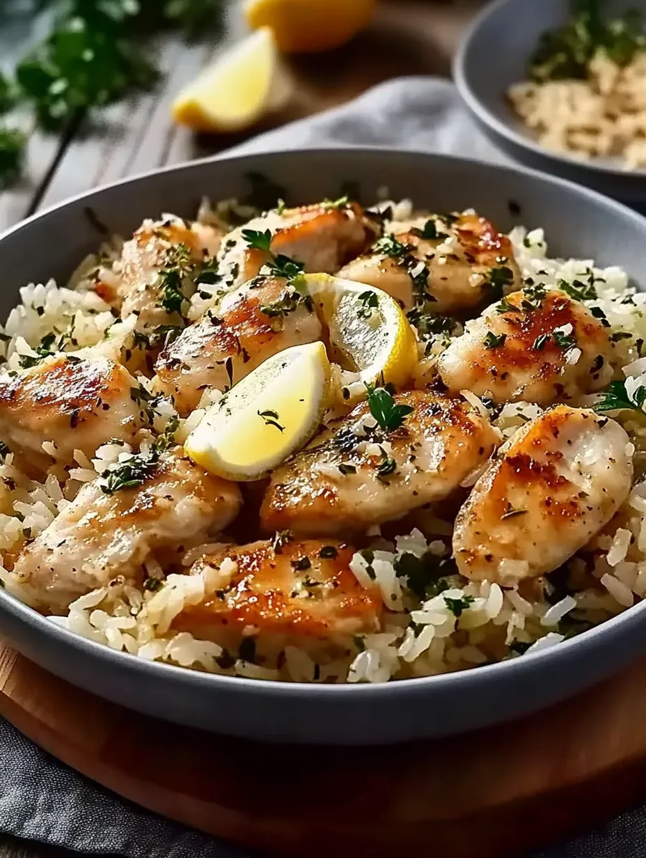 A bowl of rice with chicken and lemon.