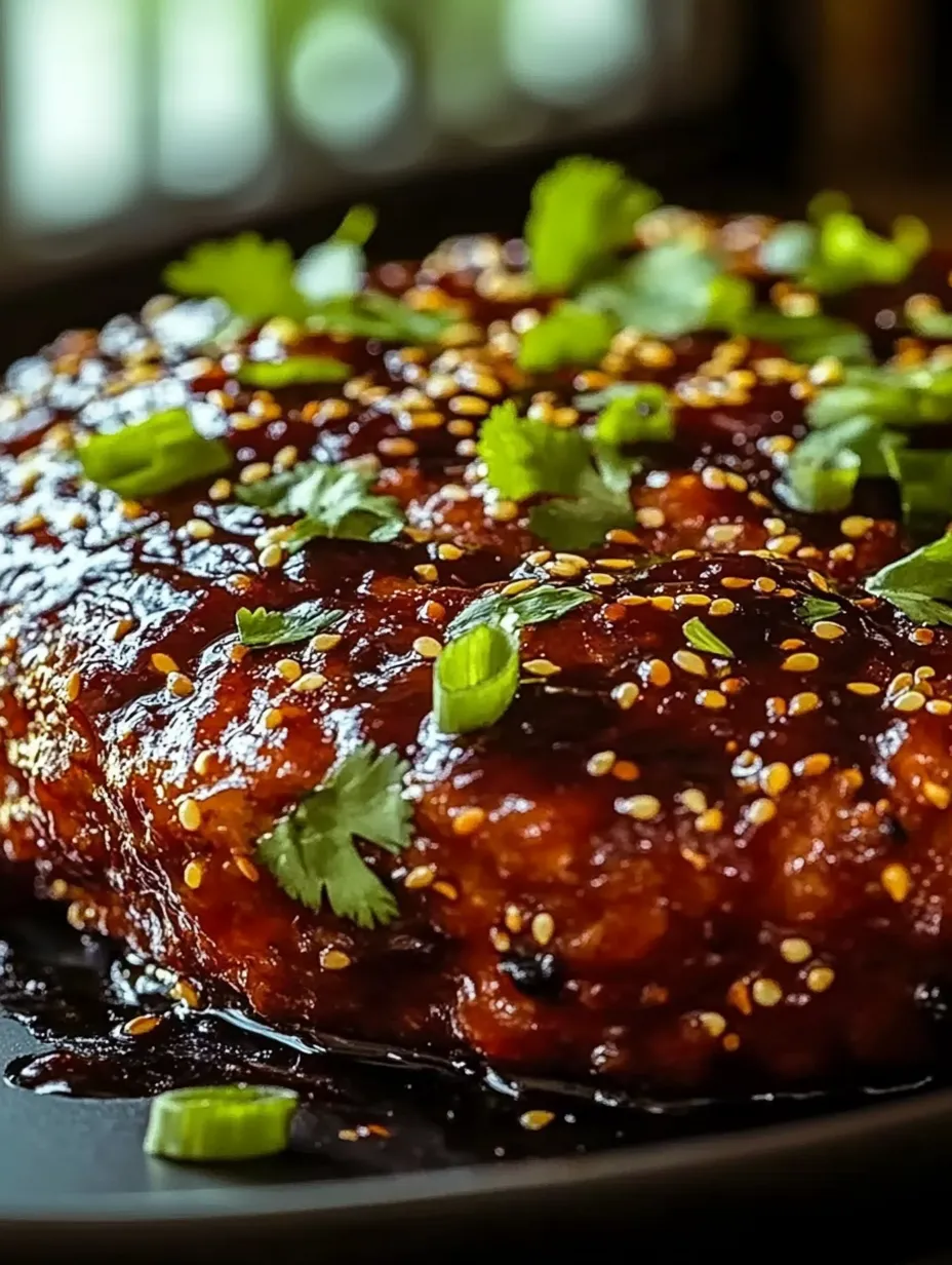 Closeup view of meat slice with green garnish on top.