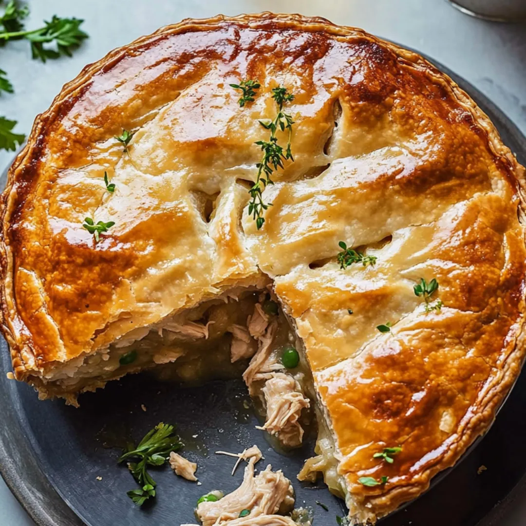 A slice of pie with chicken and herbs.
