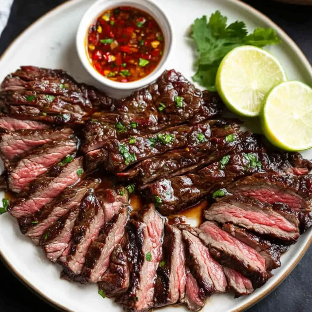 A plate of steak with a bowl of sauce.