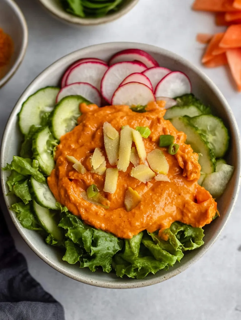 A bowl of salad with cucumbers, radishes, and a red sauce.