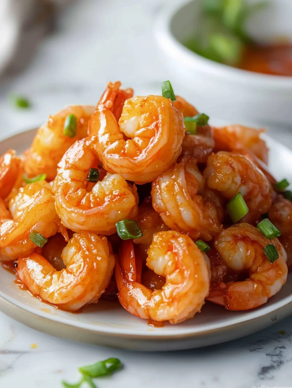 A plate of shrimp with a green garnish.