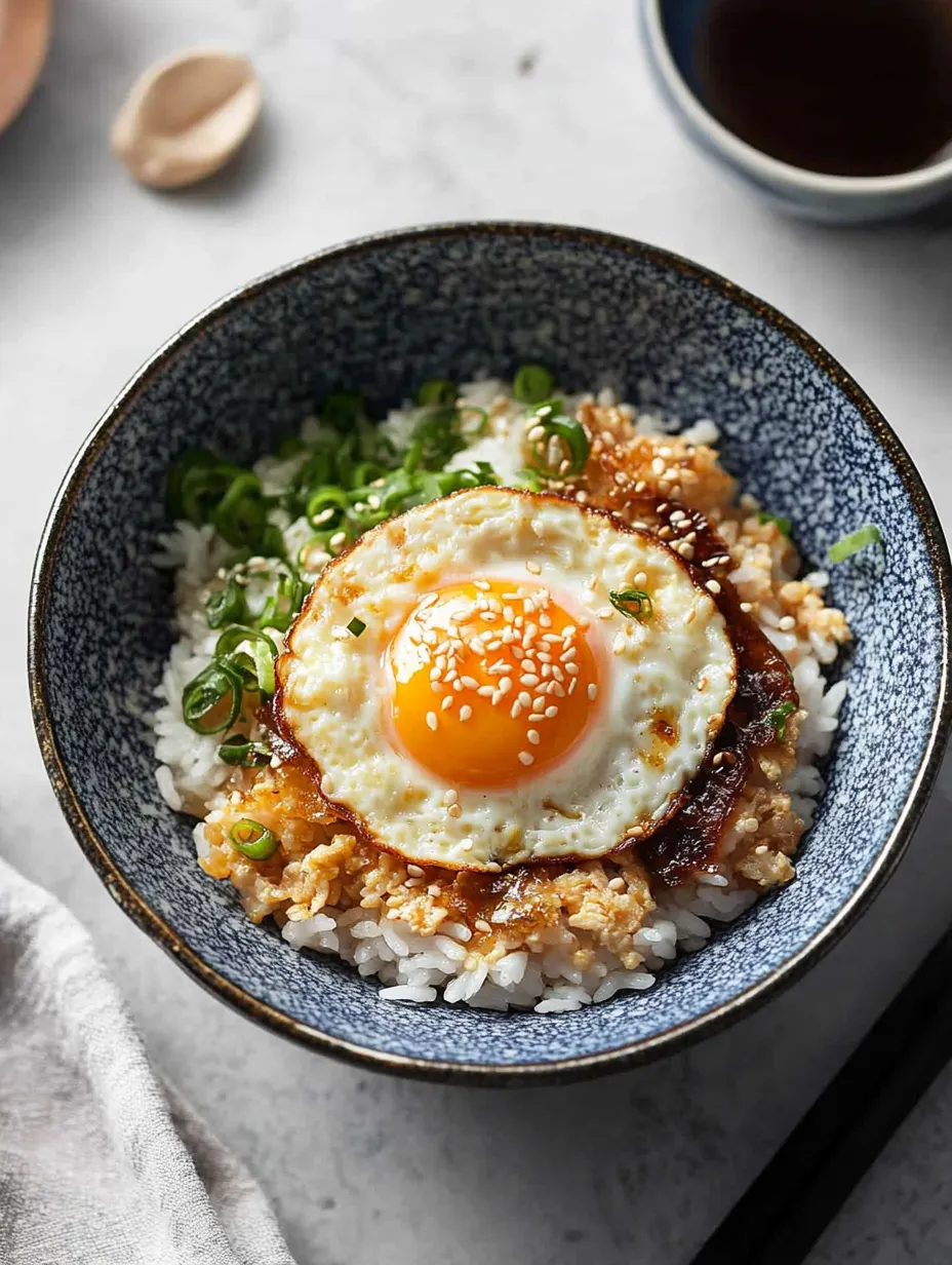A bowl of rice with an egg on top.