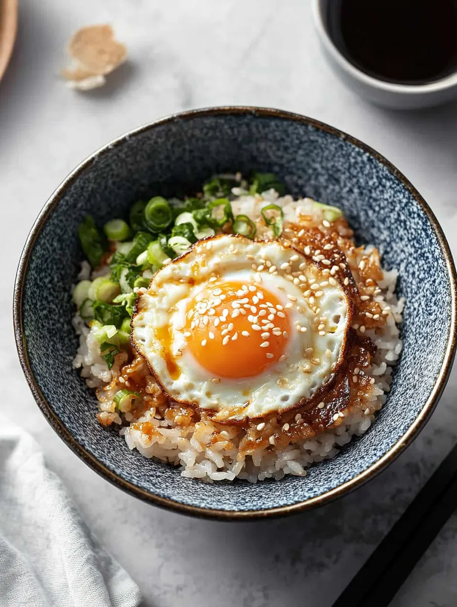 A bowl of rice with an egg on top.