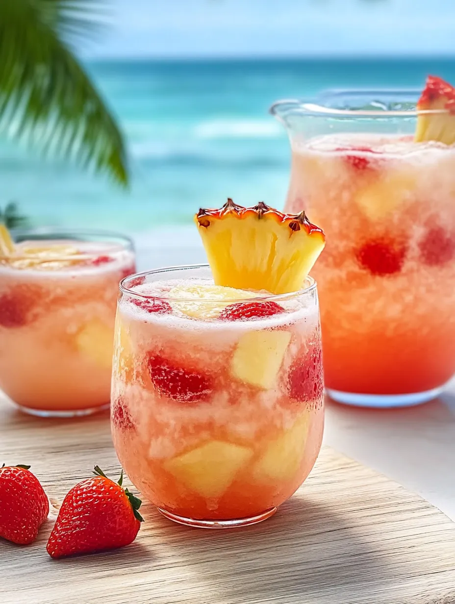 Three glasses of pink drinks with pineapple slices.