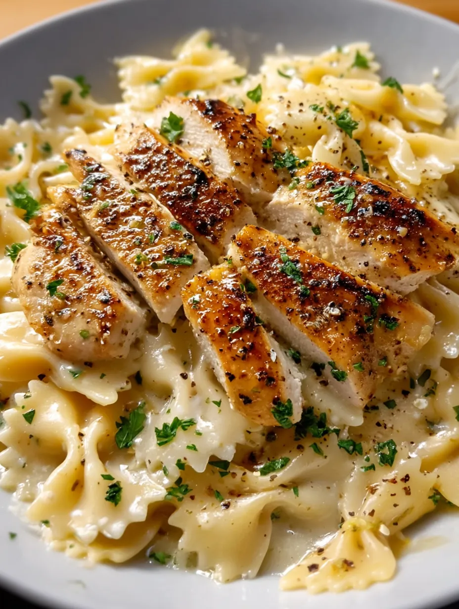 A plate of pasta with chicken on top.