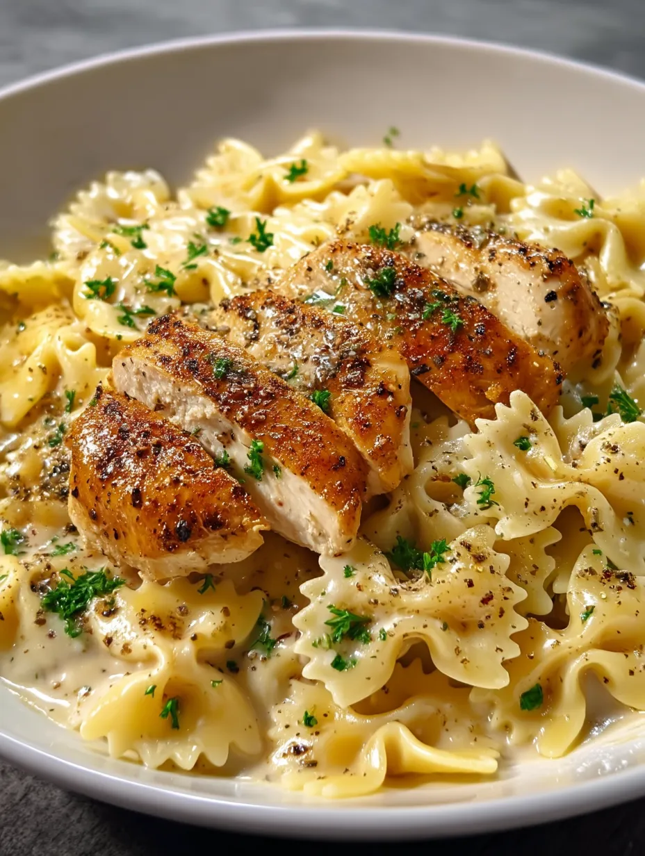 A bowl of pasta with chicken and herbs.