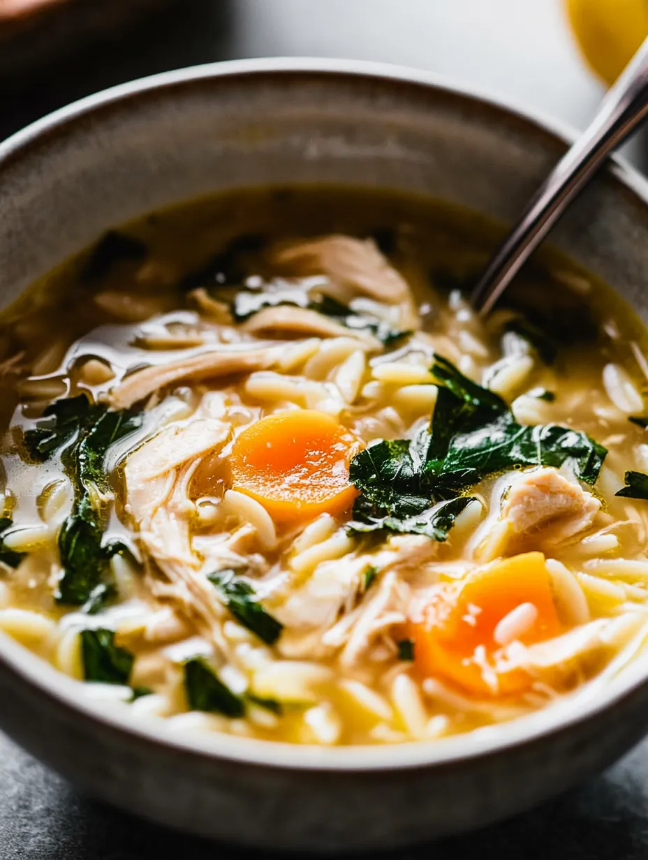 A bowl of soup with chicken, carrots, and greens.