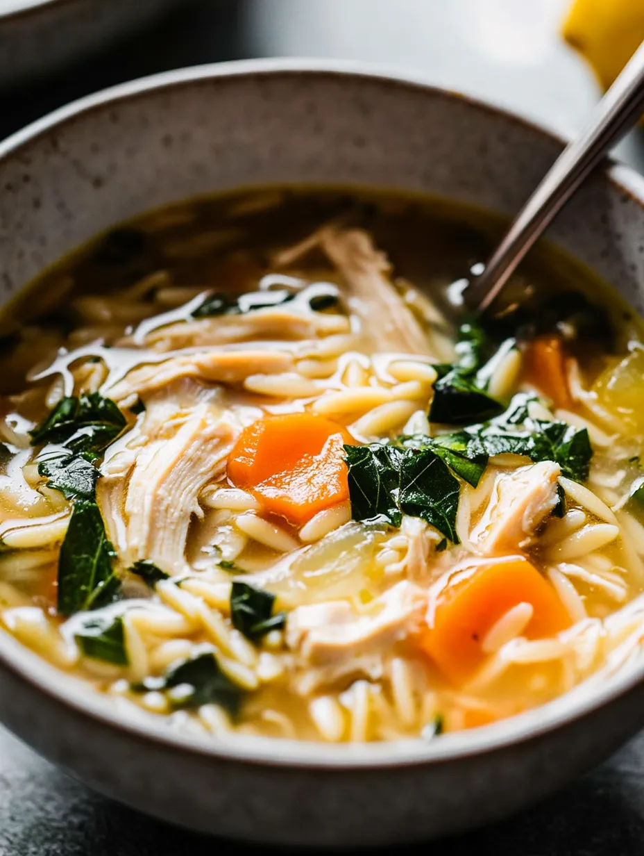 A bowl of soup with chicken and vegetables.