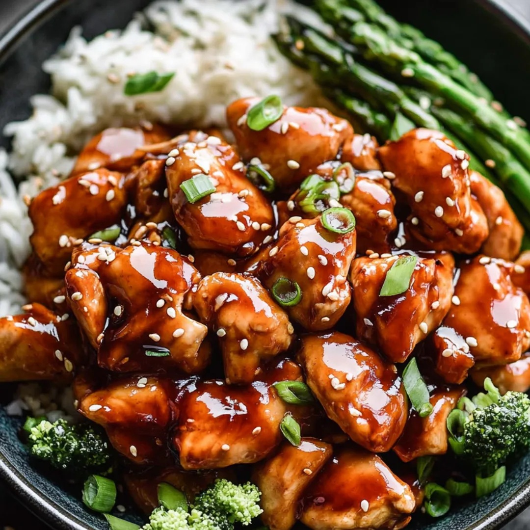 A dish featuring chicken and rice with broccoli alongside.