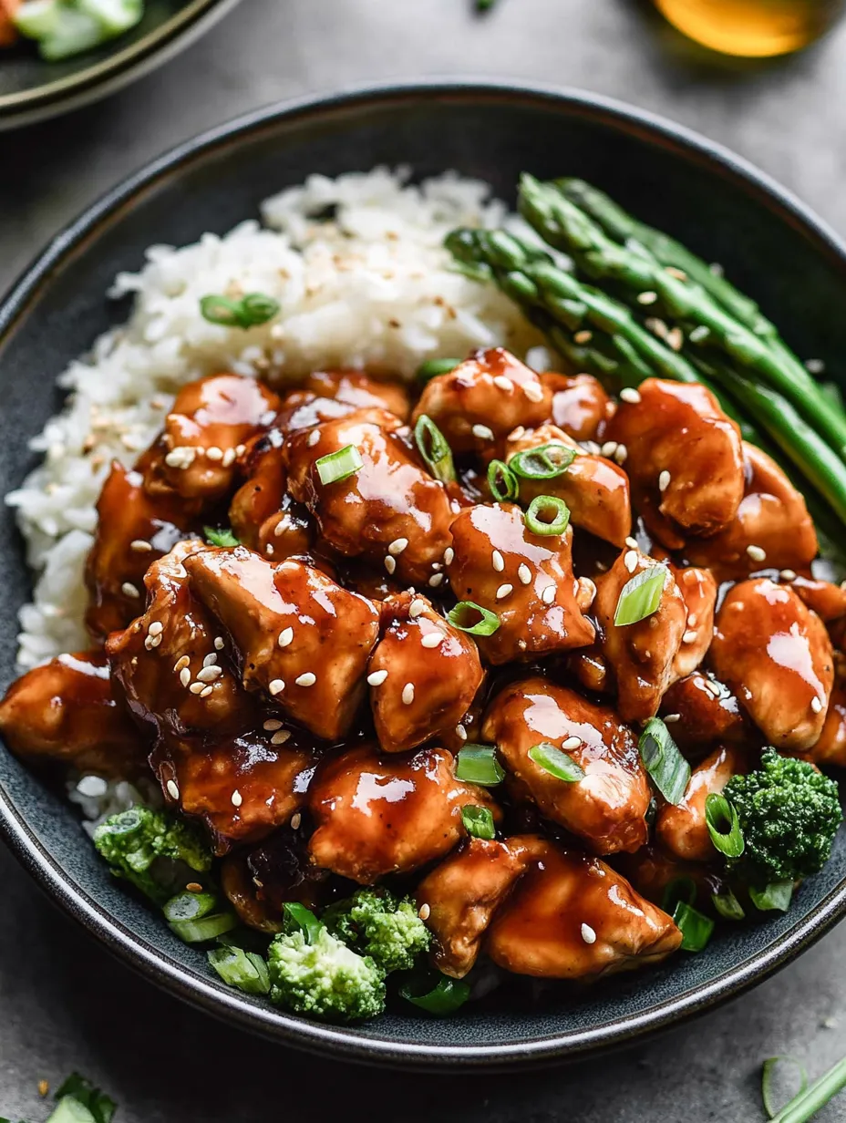 A bowl of chicken and rice with broccoli and asparagus.