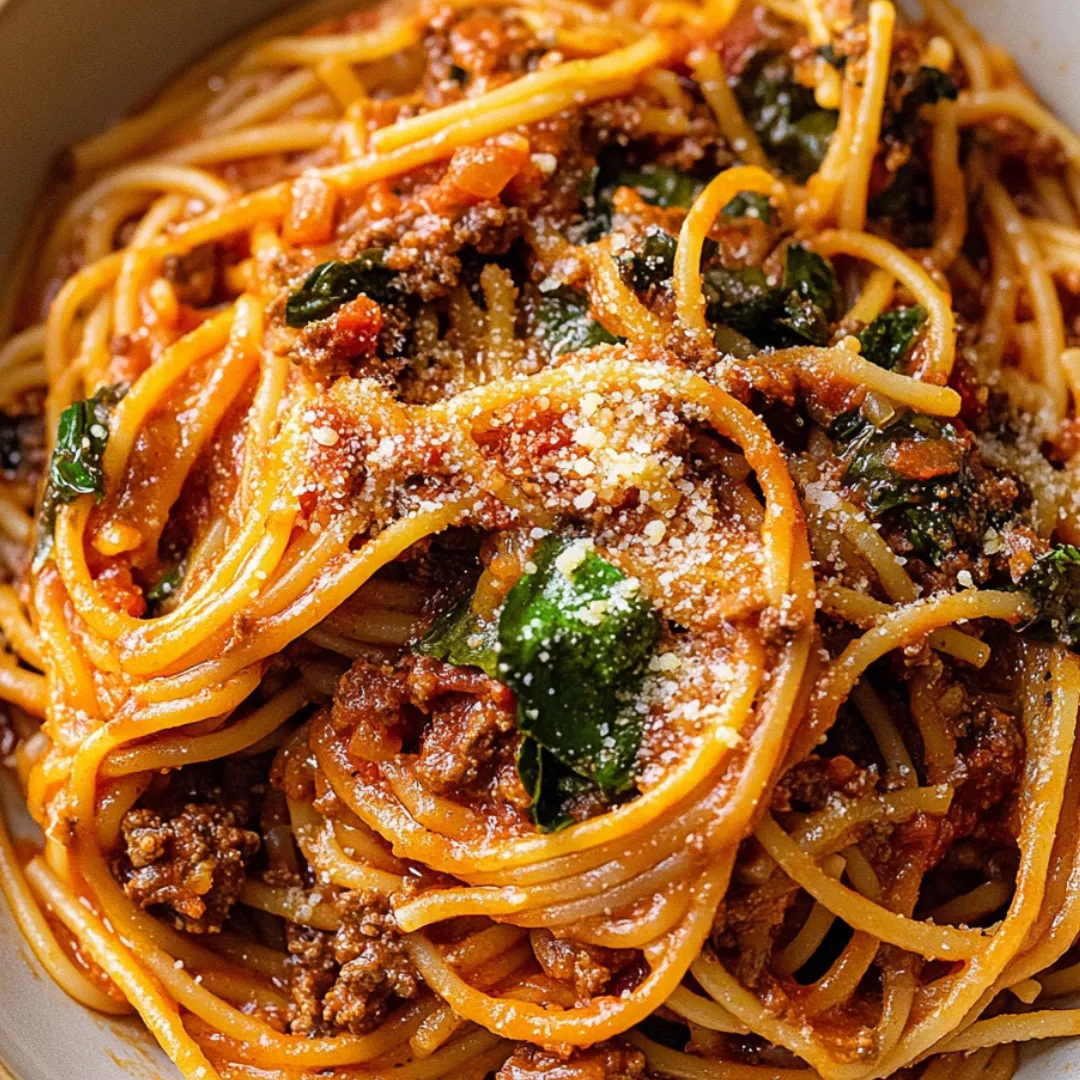 A bowl of spaghetti with meat sauce and green herbs.