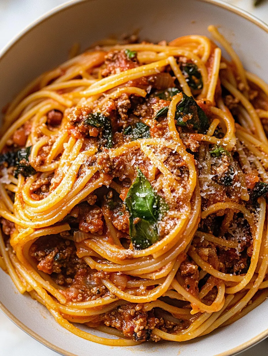 A bowl of spaghetti with meat sauce.