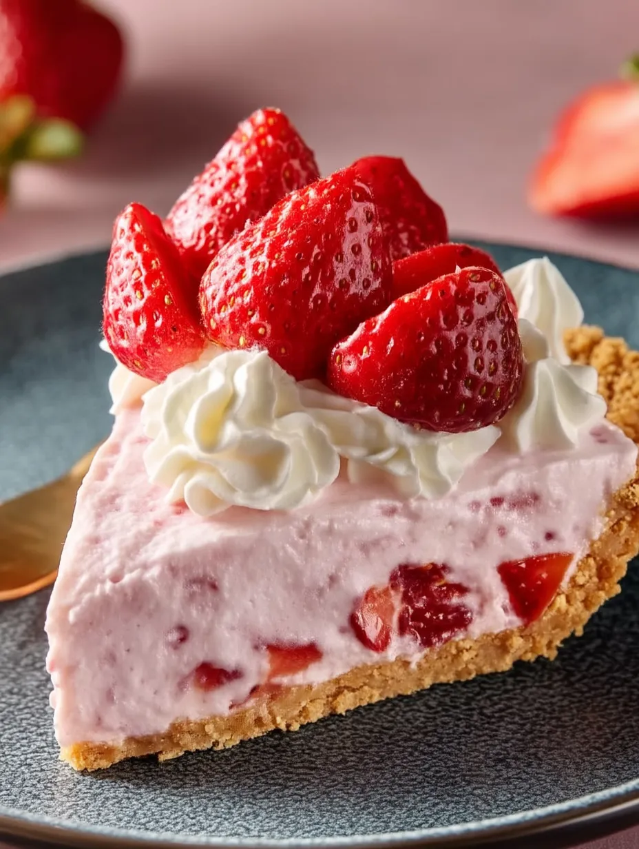 A slice of strawberry cheesecake with strawberries on top.