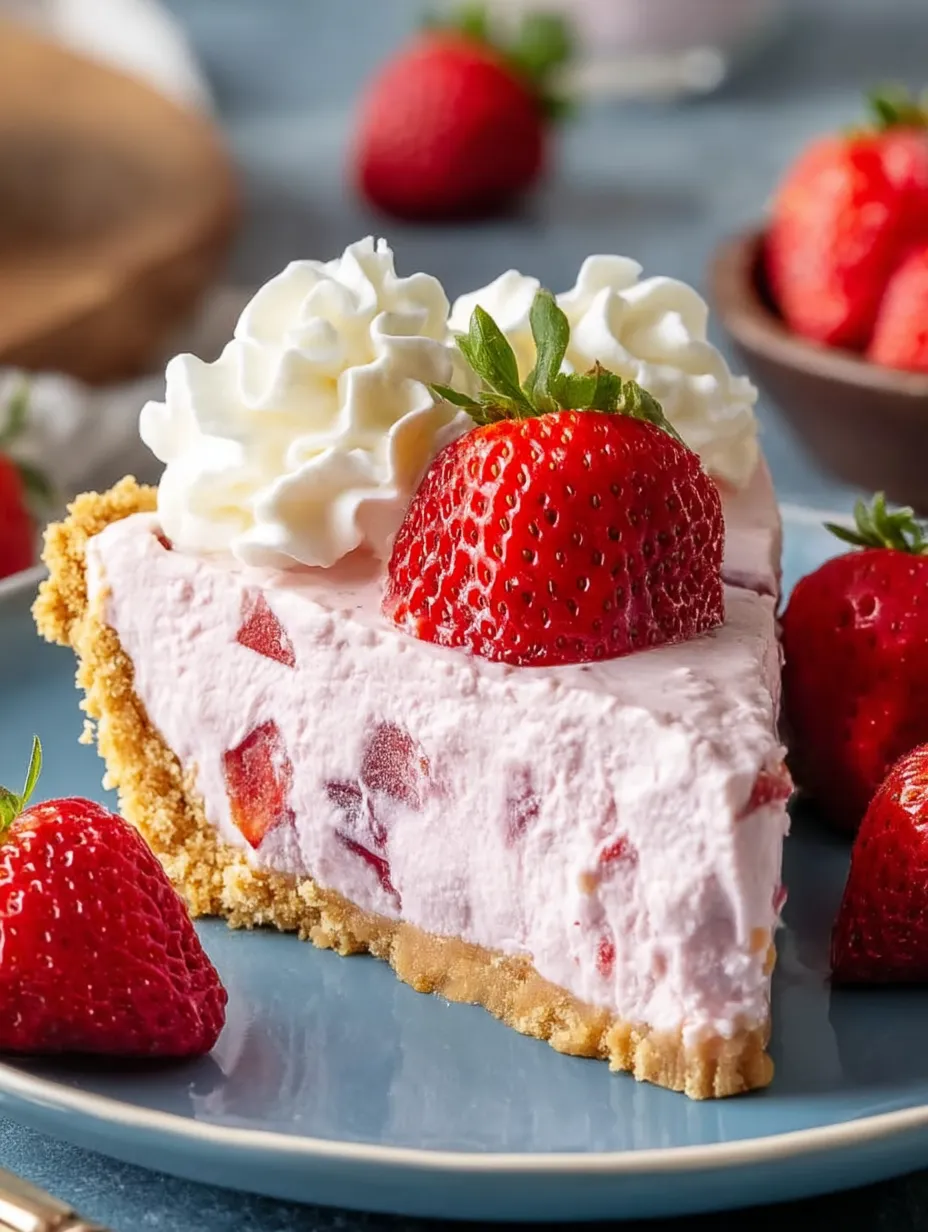 A slice of strawberry cheesecake with whipped cream.