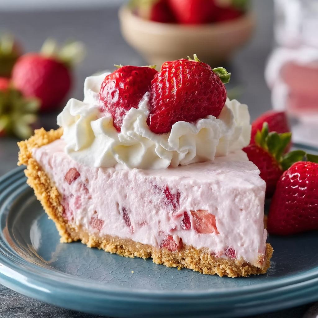 A slice of strawberry cheesecake with whipped cream.