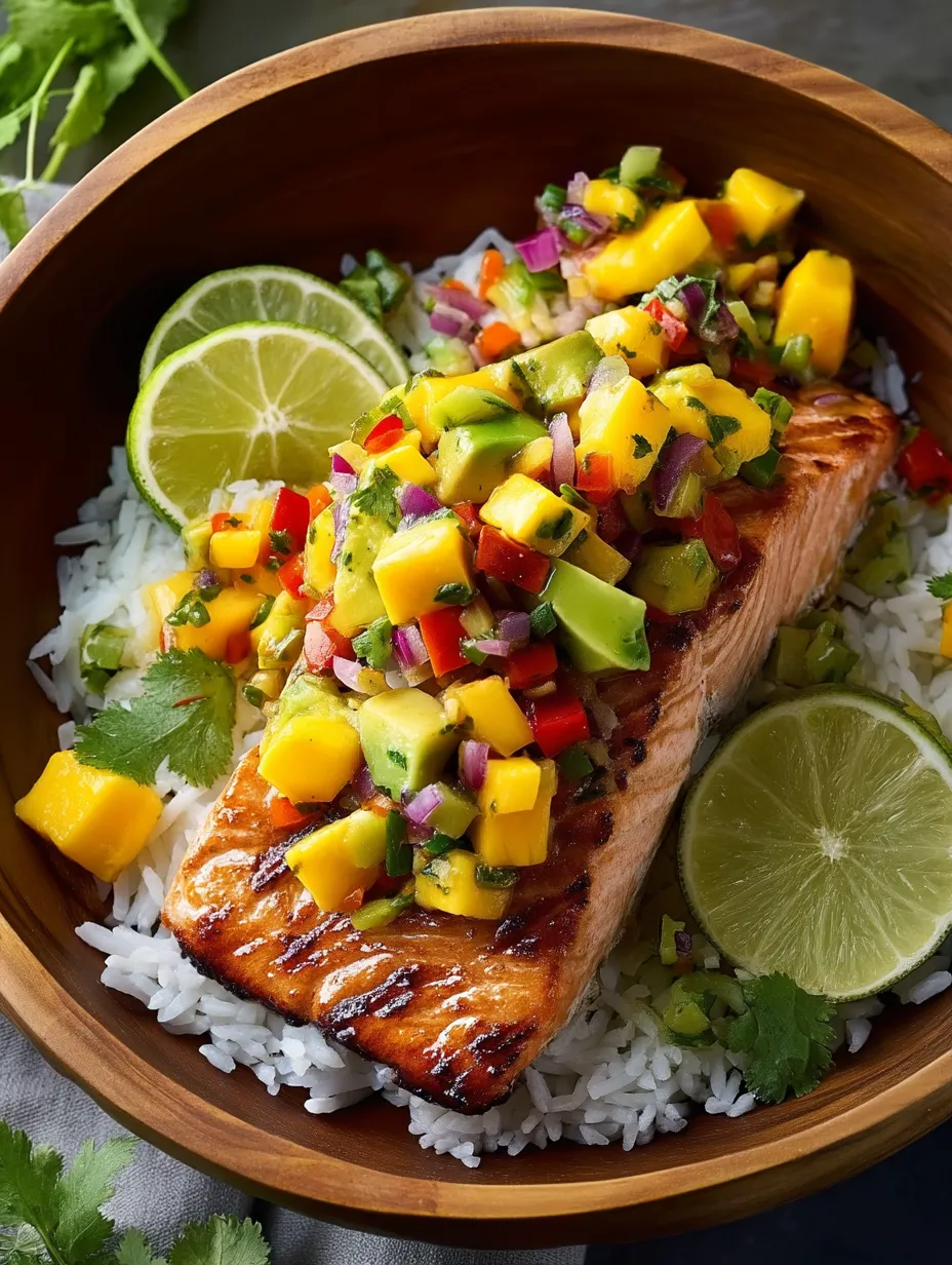 A bowl of food with Rice, fish and vegetables.