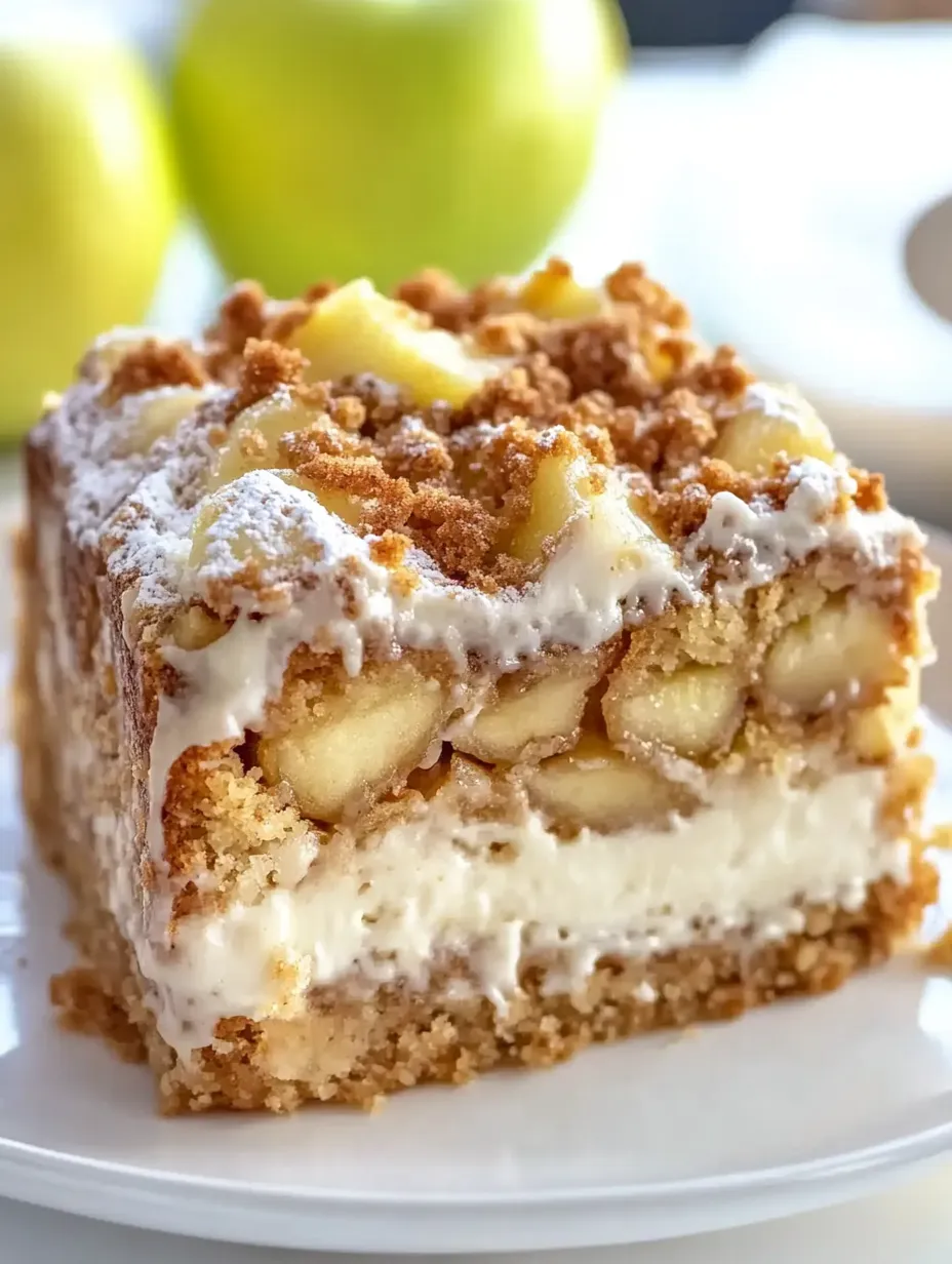 A piece of cake with apple slices on top.