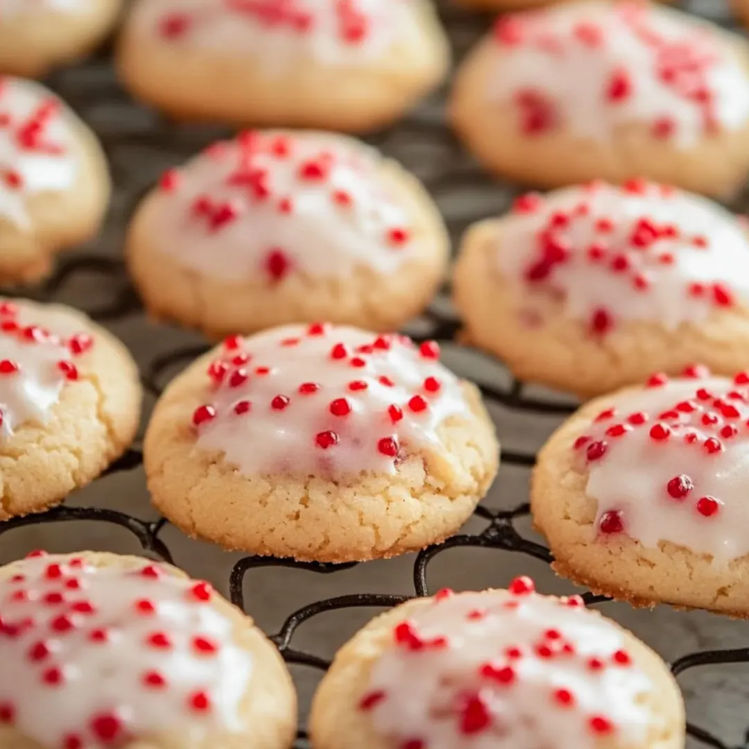 A tray of cookies covered with white frosting and red sprinkles.