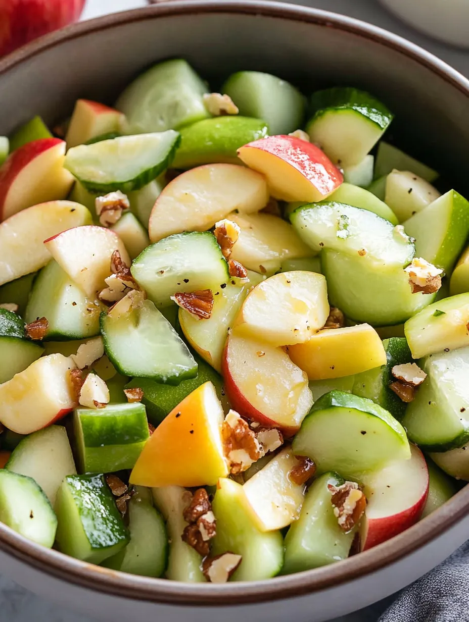 A bowl of fruit with sliced apples, cucumbers, and peppers.