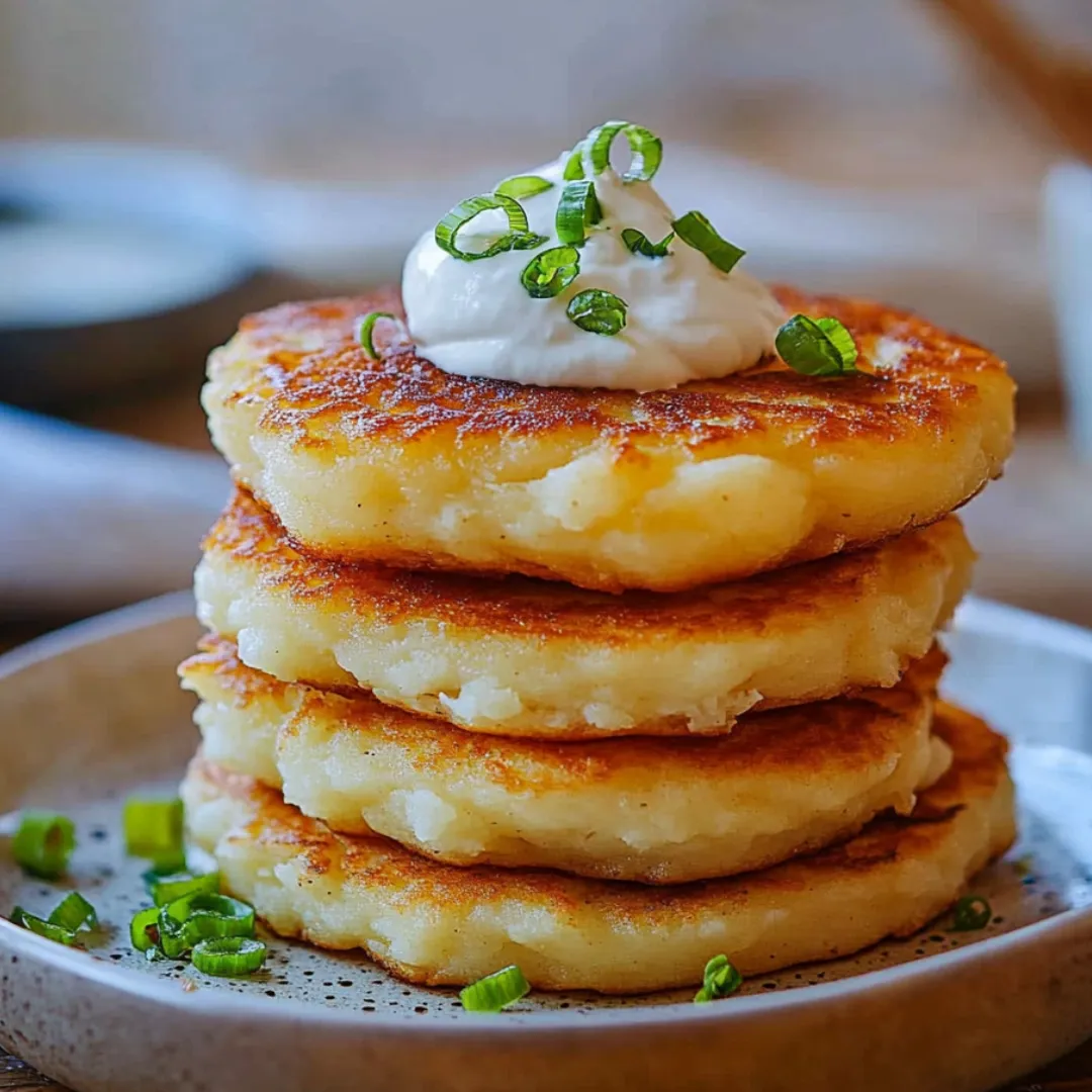 A stack of pancakes with a dollop of sour cream on top.