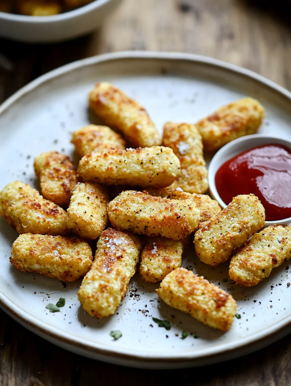 Crispy tots arranged on a plate next to a small bowl of ketchup for dipping.