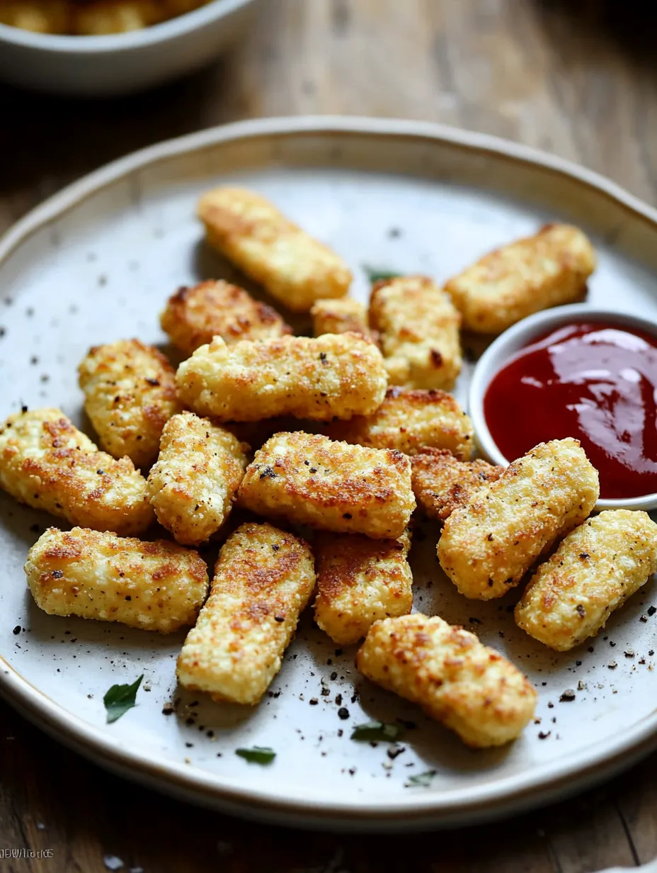 Golden brown tots piled on a serving dish with ketchup on the side.