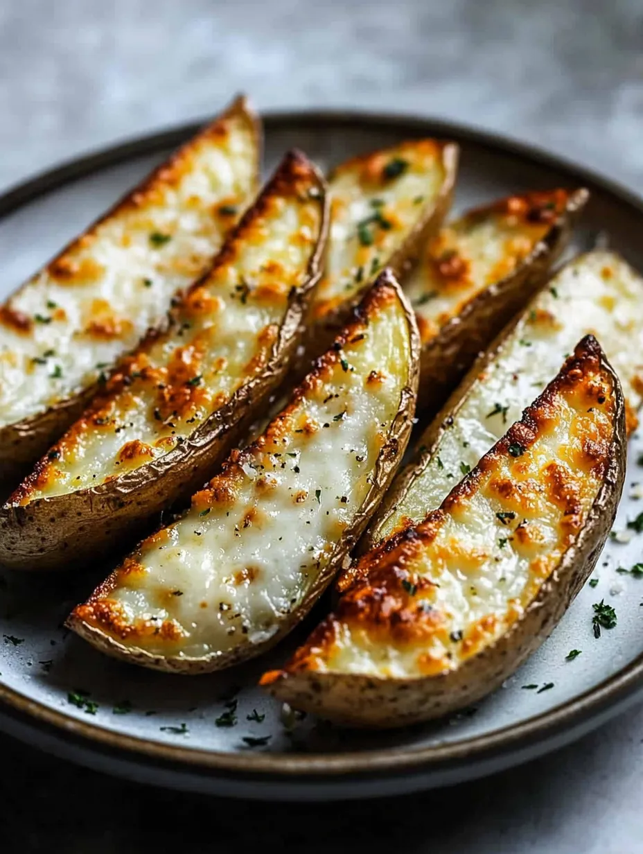 Crispy potato wedges with melted cheese on a serving plate.