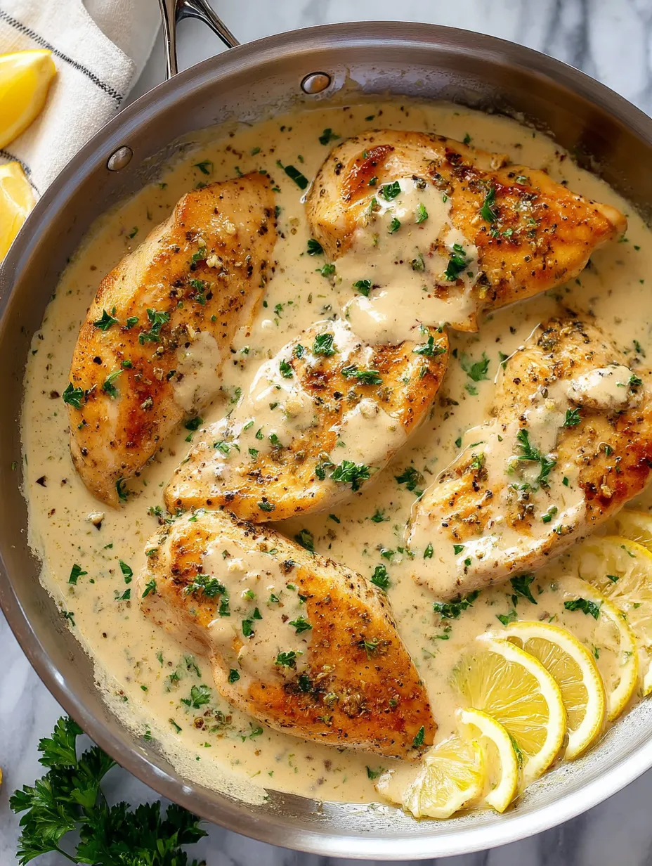 A pan of chicken with sauce and herbs.