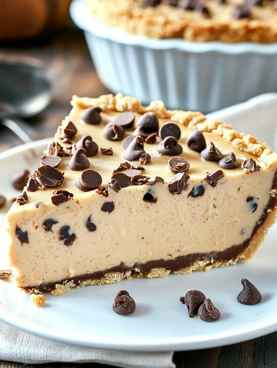 A wedge of chocolate pie sprinkled with chocolate chips.