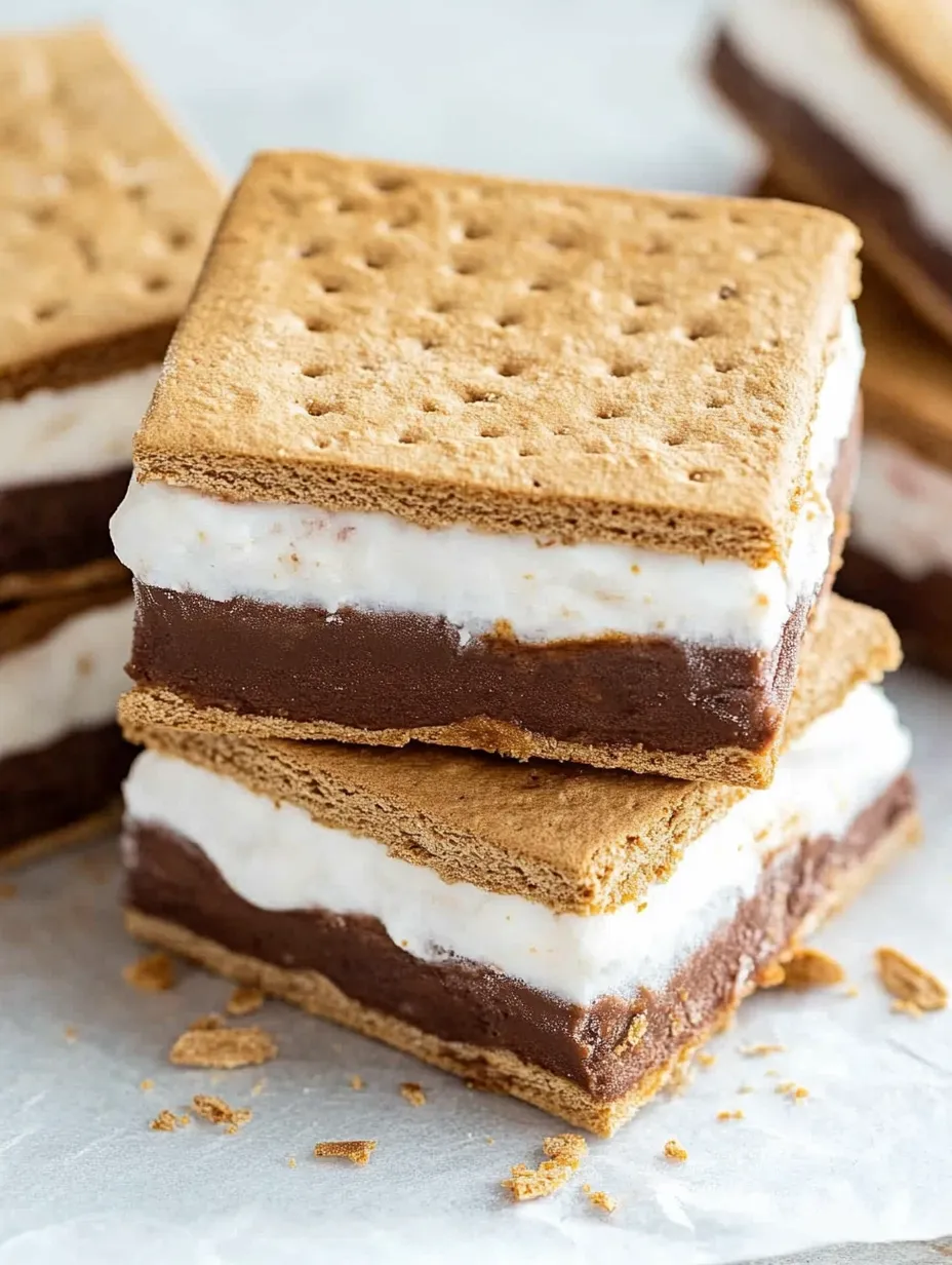A stack of three brownies with white frosting.