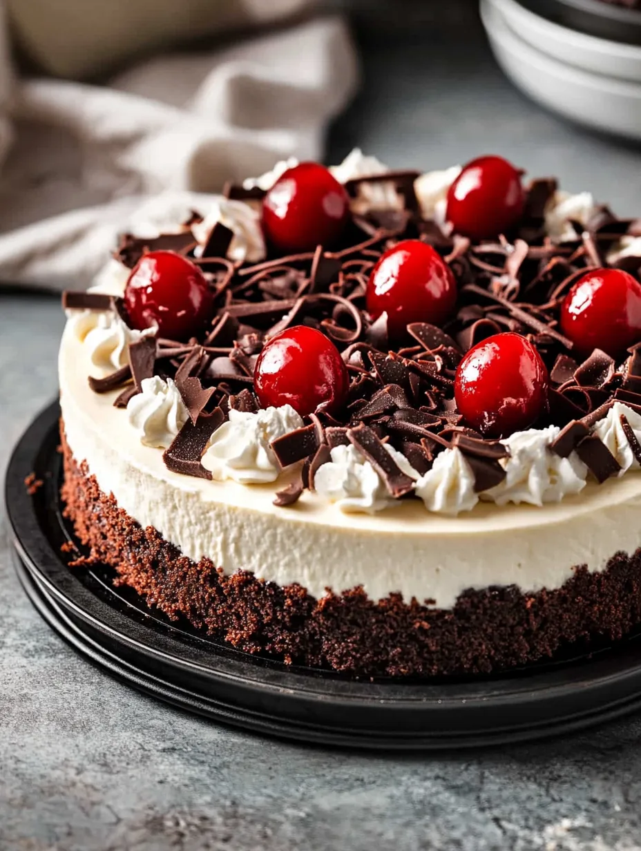 A chocolate cake with white icing and cherries.