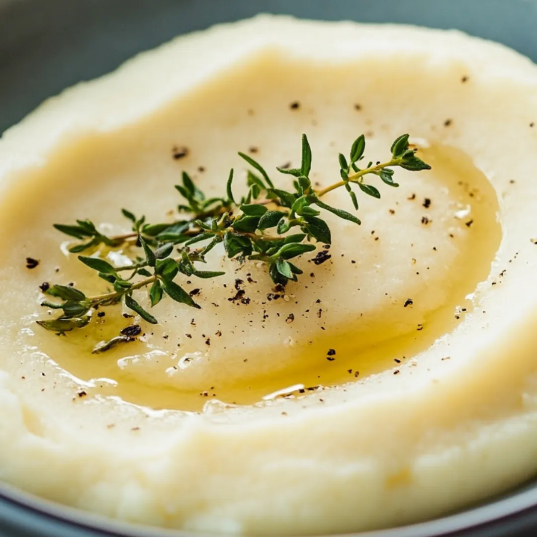 A bowl of mashed potatoes with herbs on top.