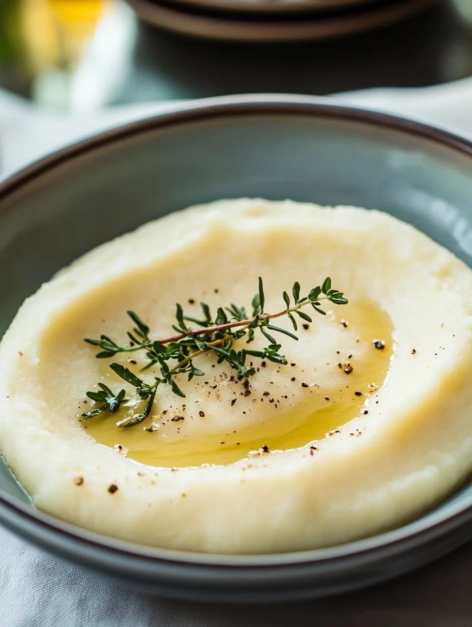 A bowl of mashed potatoes with herbs on top.