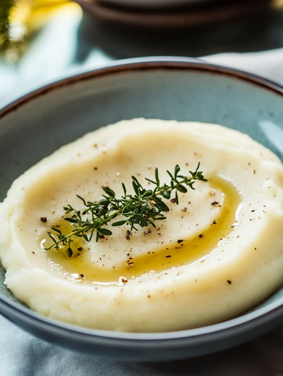 A bowl of mashed potatoes with herbs on top.