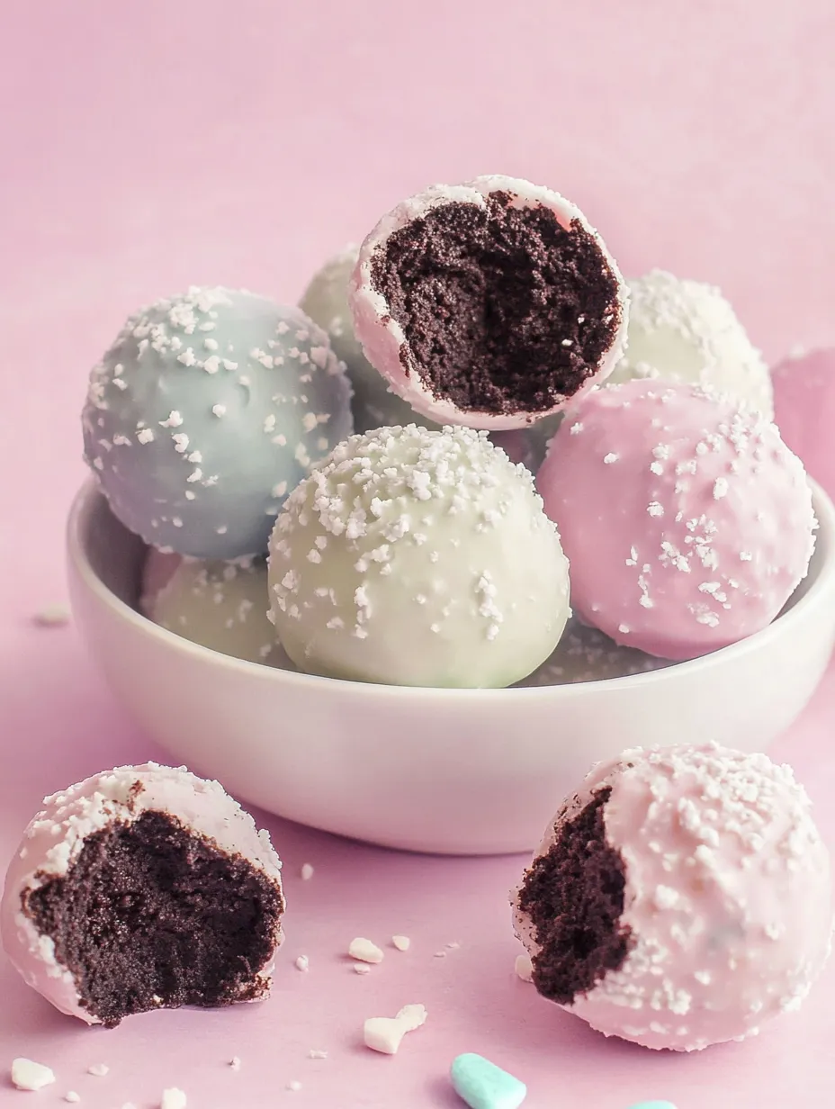 A bowl of cake balls with pink and black frosting.