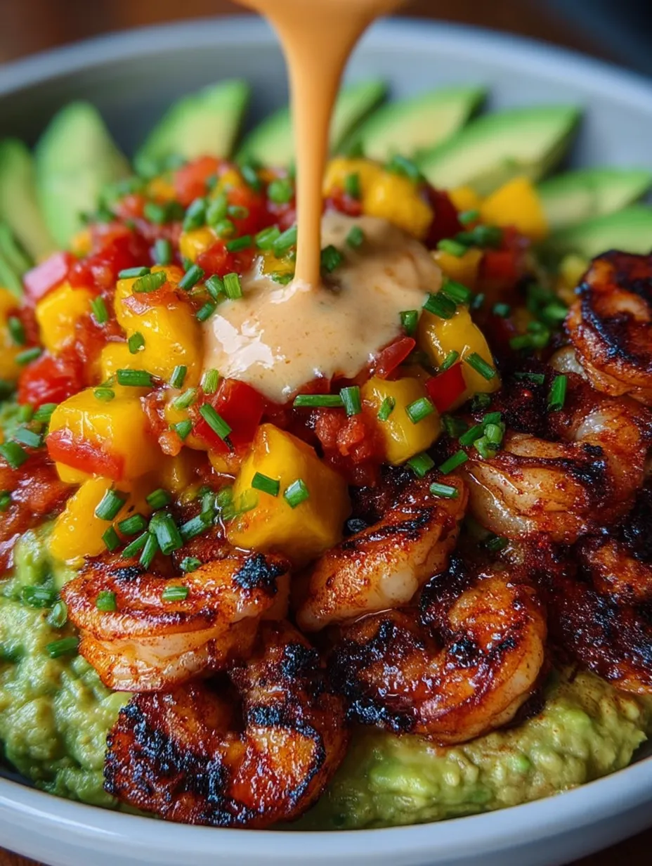 A colorful plate featuring juicy shrimp next to sliced avocado.